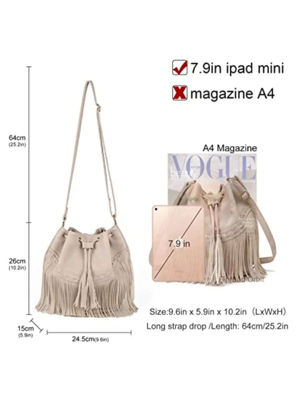 Faux Leather Bucket Bag Crossbody Fringe Purse with Drawstring Tassel Hobo
